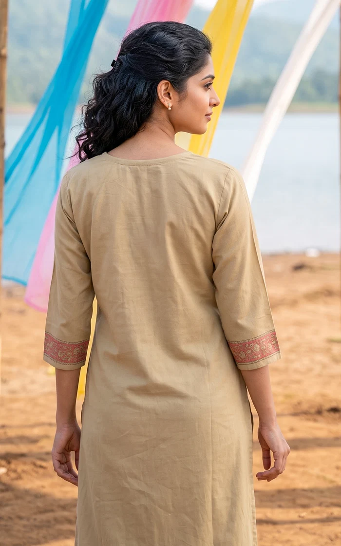 Beige Kalamkari style Straight-cut Cotton Kurta set
